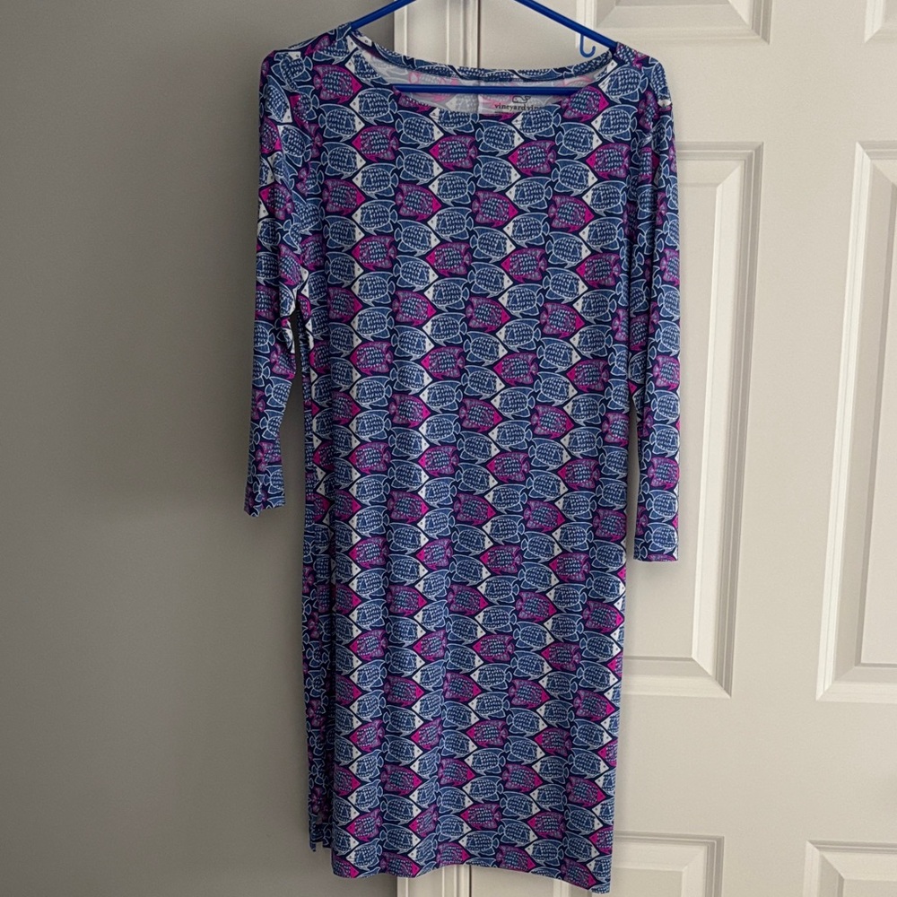 Vineyard Vines Blue and Pink Geometric Long-Sleeve Dress